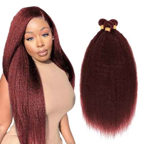 Wine Red Bundles Human Hair Yaki Straight Bundles 12 14 16 Inch #99J Burgundy Kinky Straight Bundle Unprocessed Brazilian Virgin Weave Hair 3 Bundle 50 Gram Per Bundle