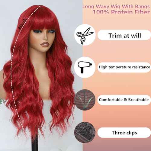 Long Red Wigs with Bangs 26Inch Wavy Curly Hair for Women Tangle Free Soft Natural Looking Premium Heat Resistant Protein Fiber Daily Party Use