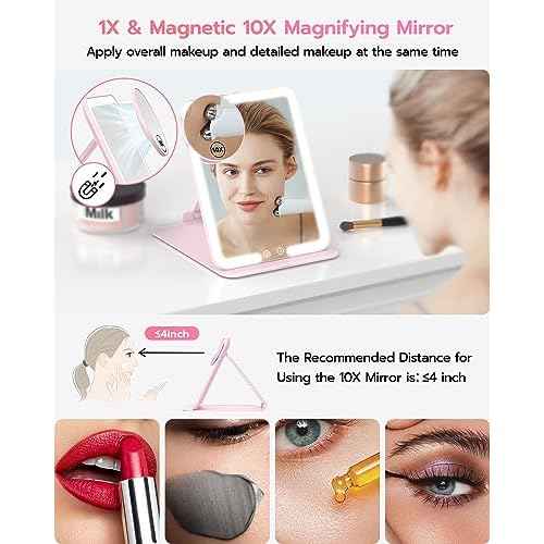 Anfauny Lighted Travel Makeup Mirror with Magnetic 10X Magnification, Vanity Portable and Foldable with Adjustable Stand, Rechargeable 3 Color Lights for Desk and Tabletop -Pink