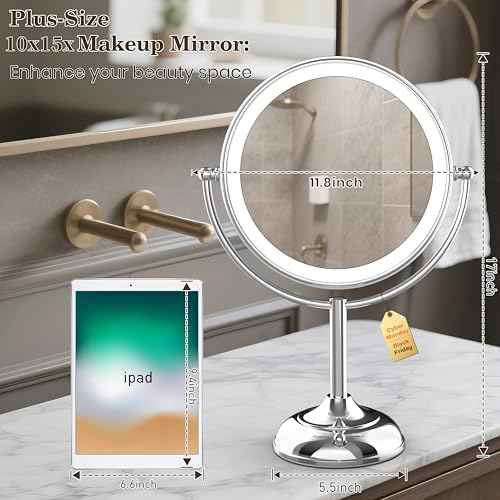 VESAUR Upgraded 11" Large 17" Tall Lighted Makeup Mirror Silver, 1X/10X Dual-Sided Magnifying with 15X Suction Mirror, 3 Color Adjustable Lights, 360¡Æ Swivel Dual Power Vanity Mirror, Gift Box