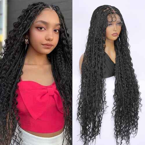 SUPERNOVA Knotless Boho Box Braided Wigs For Black Women 36inch Square Knotless Full Lace Box Braid Wig Goddess Braided Wig With Baby Hair Bohemian Curly Ends Synthetic Boho Braids Wig (36 Inch)