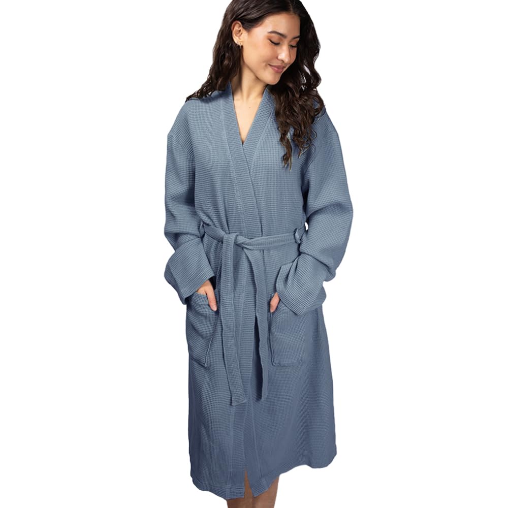 Cariloha Bamboo Viscose Waffle Knit Bath Robe for Women and Men with Lightweight Turkish Cotton - Breathable Moisture-Wicking Bathrobe with Pockets - Unisex Large/Extra Large - Marine Blue