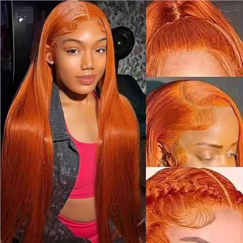 Lace Front Wigs Human Hair Pre Plucked HD Transparent Lace Frontal Wig Bralizian Virgin Human Hair Tiny Knots Natural Hairline with Baby Hair (Ginger Orange, 24 Inch)