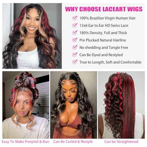 13x6 Burgundy Lace Front Wigs Glueless Pre Plucked Red Blonde Highlight Omber Lace Front Wigs 180% Density Wear and Go Wigs 22Inch