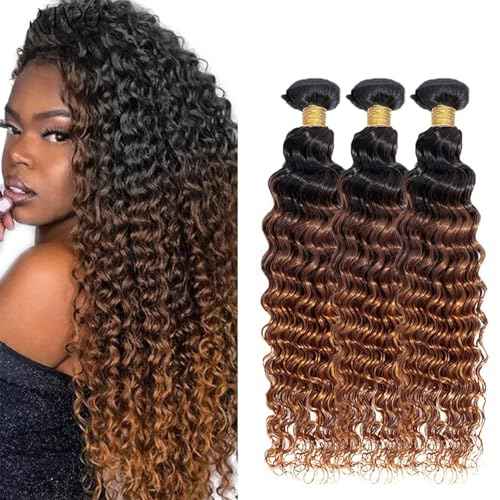 T1B/4/30 Brown Bundles Human Hair 24 26 28 Inch Ombre Bundle Deep Wave Human Hair Bundles Brown 3 Tone 3 Bundle Unprocessed Brazilian Virgin Quick Weave Hair for Black Women