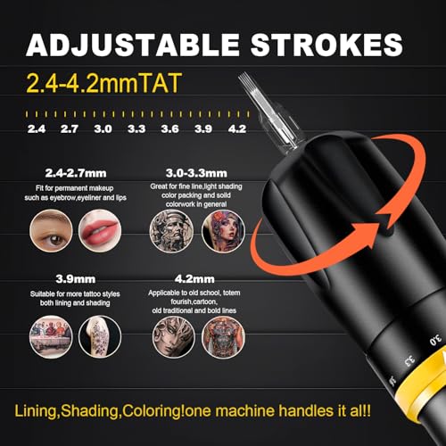 KVM Tattoo Gun Kit,Wireless Tattoo Machine,7 Adjustable Stroke Options,Shorter Body Design,1500mAh Power Supply (Tattoo ink is for tattoo practice only)
