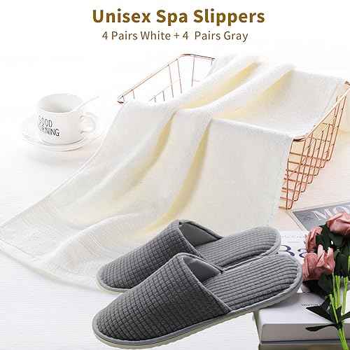 Disposable Slippers for Guests, 8 Pairs Coral Fleece Non Slip Hotel Slippers, Unisex, Washable Reusable for Hotel, Guest, Travel, Bride, Women