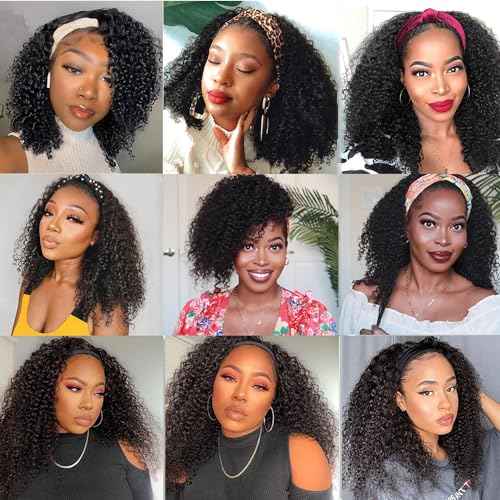 Headband Wig Human Hair Kinky Curly Human Hair Curly Headband Wig 150% Density Wear and Go Glueless None Lace Front Wig Machine Made Wigs for Black Women Natural Color 26Inch