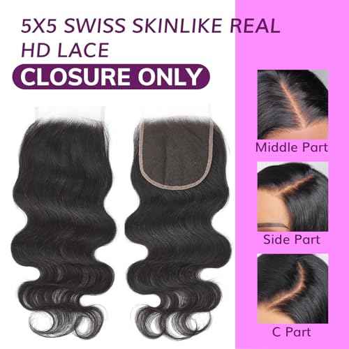 IDN BEAUTY SKINLIKE REAL HD 5x5 Lace Closure Human Hair 14 Inch Body Wave Closure Bleached Single Knots 5x5 Closure Ultra-thin HD Lace Closure Virgin Human Hair 0.1 mm Pre Plucked Hairline Closure