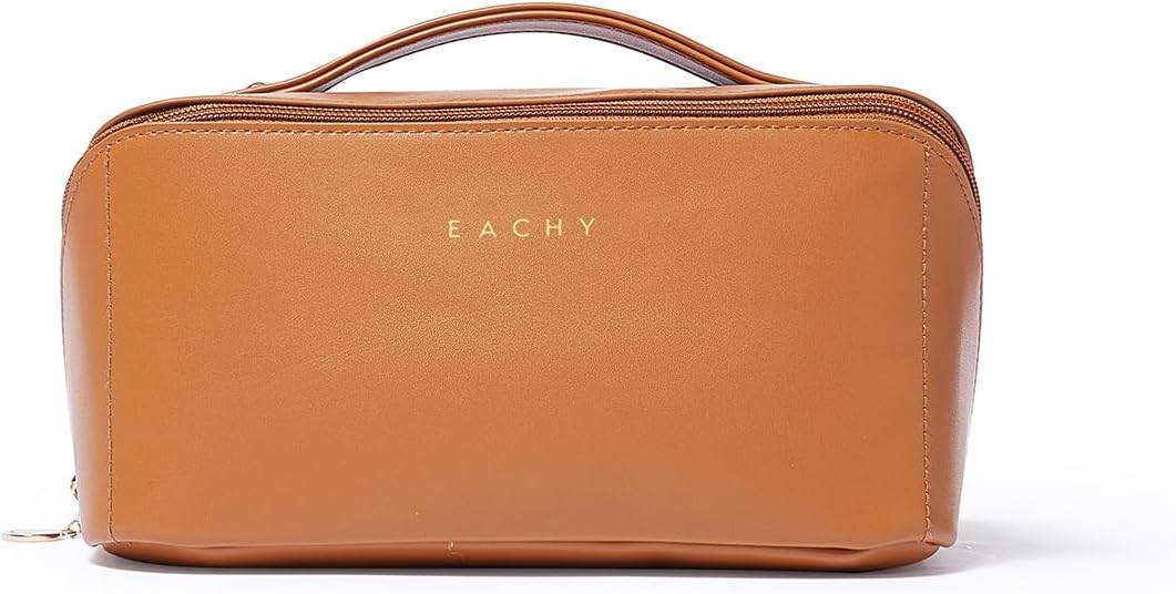Travel Makeup Bag - Large Capacity Waterproof PU Leather | Flat Open Portable Toiletry Bag for Skincare & Brushes