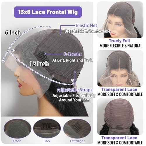 13x6 HD Lace Front Wigs Human Hair 22 inch Body Wave Frontal Wigs Human Hair 210% Density Body Wave Human Hair Wig for Women Pre Plucked Bleached Knots with Baby Hair Natural Black