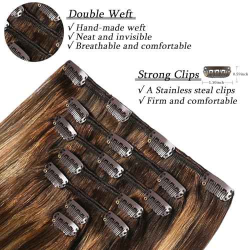 Savasana Clip in Hair Extensions Real Human Hair Straight 7 Pcs Balayage Clip in Hair Extensions Double Weft Thick Chocolate Brown to Caramel Blonde 16 Inch 120g