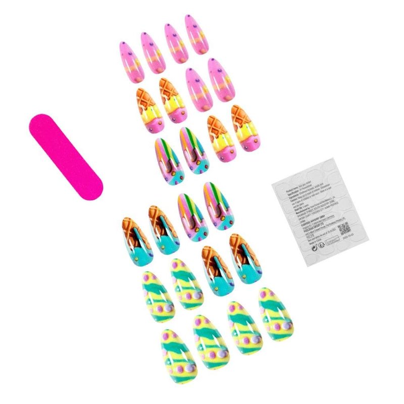Ice Cream Cone Press on Nails Medium Almond Fake Nails with Design Macaroon Glue on Nails Glossy Summer Stick on Nails Reusable Full Cover Artificial False Nails for Women Girls Manicure 24Pcs