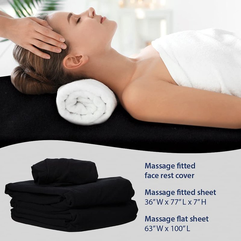 ForPro Professional Collection Premium Flannel 3-Piece Massage Sheet Set for Massage Tables, Includes Flat Sheet, Fitted Sheet and Fitted Face Rest Cover, Black