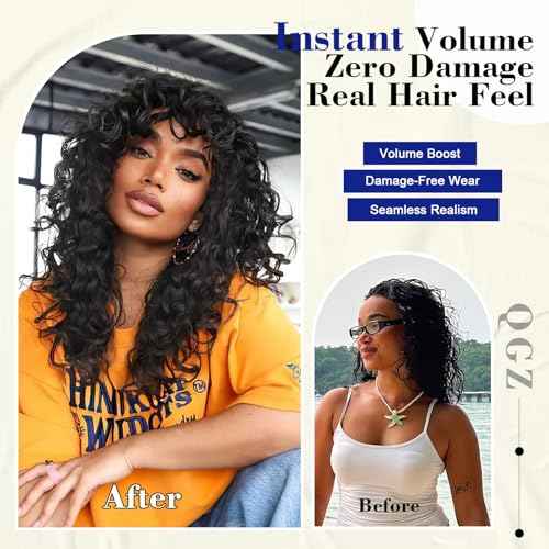 18 Inch Curly Wavy Clip in Hair Extensions 4PCS,QGZ Heat-Stylable Synthetic Lace Weft Extensions for Women, Black for Daily & Party Wear