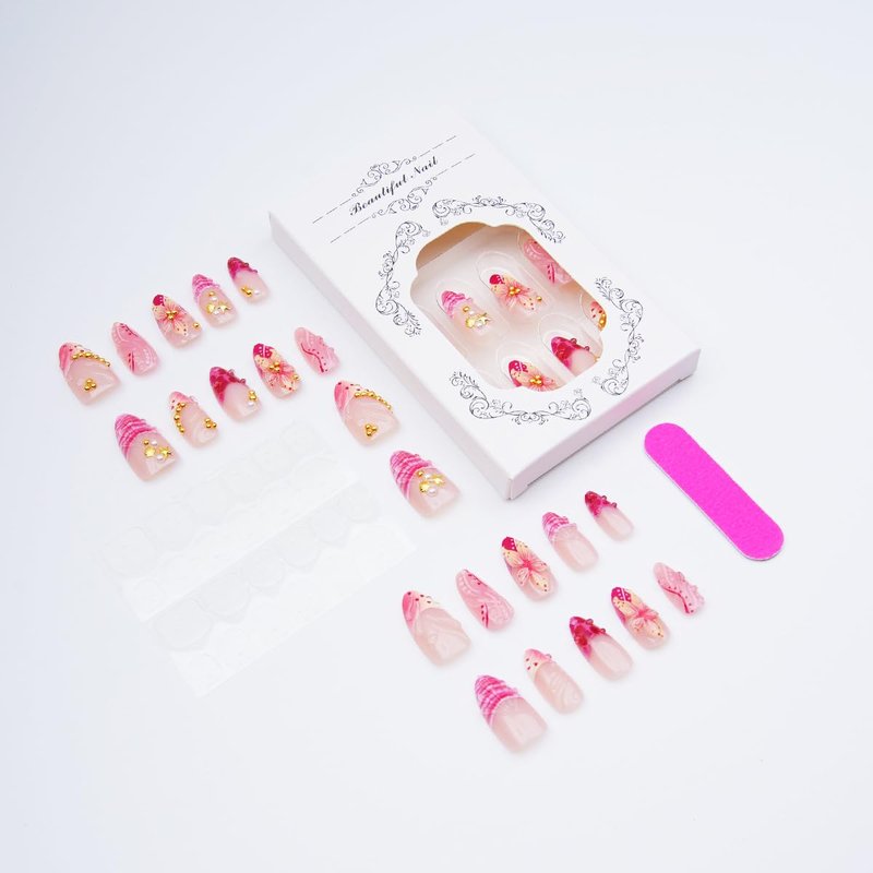 Skiennix French Tip Press-On Nails - Almond Shape with 3D Floral Seashell Design | 24 Reusable Acrylic Nails for Women