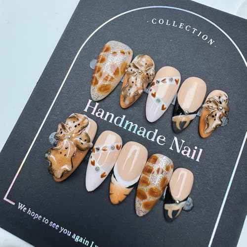 100% Handmade Press on Nails Fall Medium Almond Handmade Nails with Rhinestone Flower Charm Design Brown False Nails Leopard Print Nail Press ons Reusable Acrylic Nail for Women Girls Size L 10Pcs