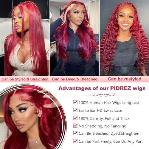 18 Inch Burgundy Lace Front Wigs Human Hair 13x6 99j Body Wave Human Hair Lace Front Wigs Pre Plucked 180 Density,100% Real Human Hair No Synthetic Blend No Tangle No Shedding Triple Lifespan 3