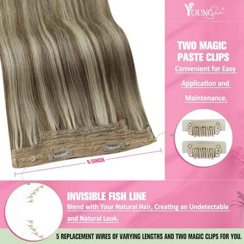 YoungSee Wire Hair Extensions Brown Blonde Invisible Wire Hair Extensions Human Hair Platinum Blonde with Light Brown Highlight Fish Line Hair Extension Real Human Hair 14 Inch 80g