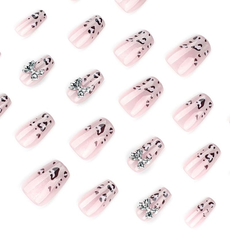 Leopard Nails Press ons Medium Coffin Fake Nails with Sliver Glitter Designs 3D Bow False Nails Glossy Full Cover Reusable Acrylic Stick on Nails Nude Artifical Nail Press ons for Women Manicure