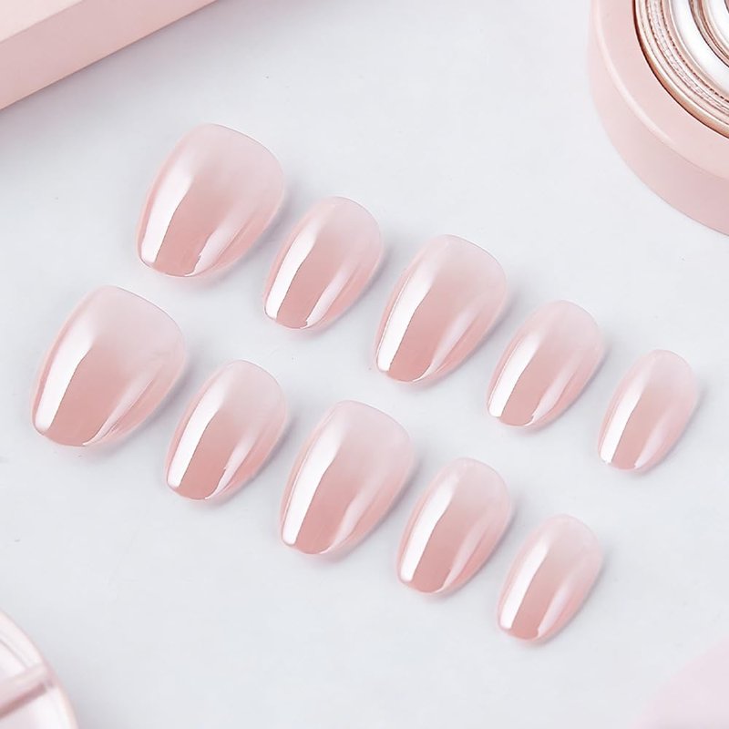 32Pcs Short Almond Press-On Nails - Glossy Nude Pink Acrylic Full Cover | Easy Application