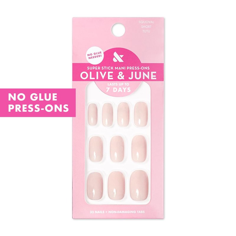 Olive & June Classic Super Stick Mani Press On Nails | No Glue Needed | 32 Tab Nails 16 Sizes | Non-Toxic Tabs Non-Damaging 7-Day Wear | Spring Flowers & Patterns | Short, Squoval | Tutu Pastel Pink
