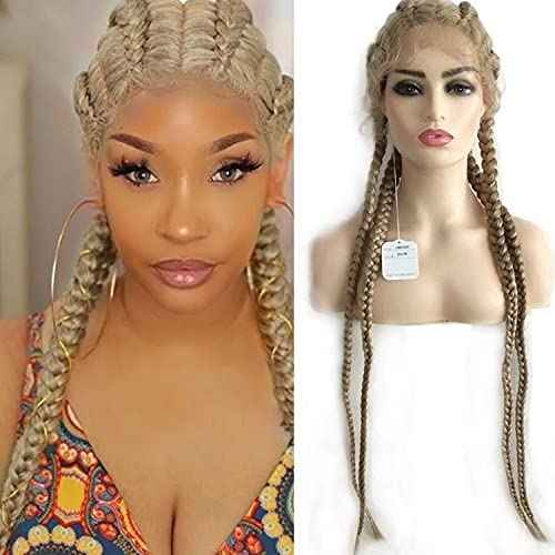 613 Braided Lace Front Wig Blonde French Braided Wigs for Black Women Straight Long Dutch Braids Wig Twisted Braiding Glueless Real Hair Wig Synthetic Heat Resistant Drag Cosplay Daily 30Inch