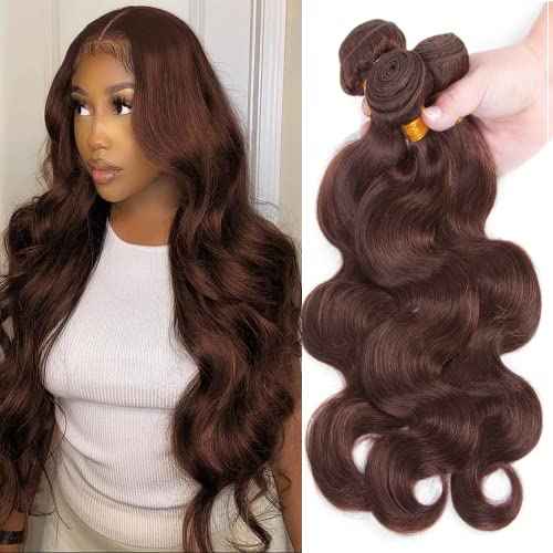 Chocolate Brown Body Wave Bundles Human Hair Color 4 Dark Brown Bundles Double Weft Brazilian Hair Extensions Silky and Soft for Women (30 32 34 inch 3 Bundles)