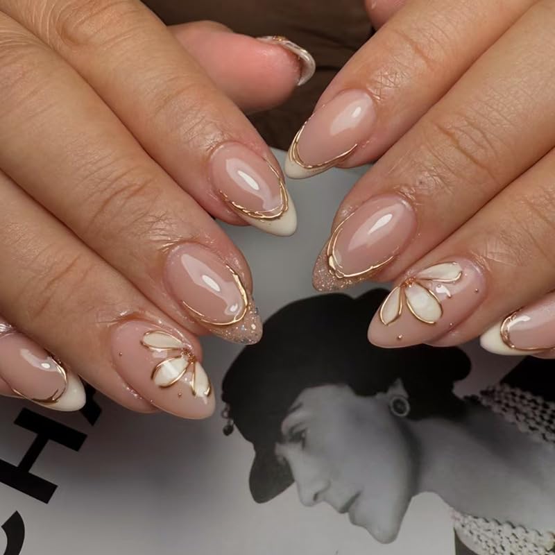 Pink French Tips Press-On Nails - Short Almond Shape with 3D Gold Line & White Flower Design | Reusable Acrylic, Glossy Gel Finish