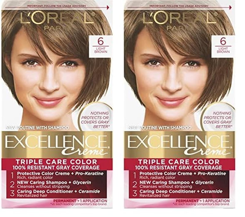 L'Oreal Paris Excellence Creme Hair Color - 6 Light Brown Dye Kit for Gray Coverage | Pack of 2
