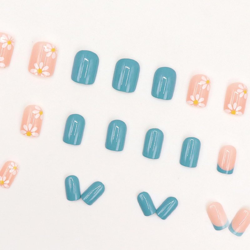 Press On Nails - Short Square Acrylic Nail Kit with Glossy Blue French Designs | 24 Pcs Full Cover Floral Stick-On Nails for Women