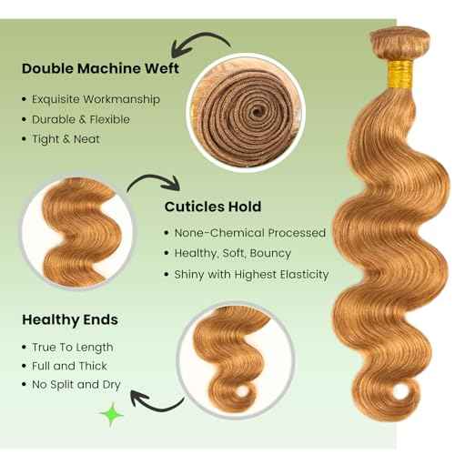 ALHER Color #27 Honey Blonde Single Bundle Body Wave 24 Inch, Blonde Bundles Human Hair Sew In Weave Wavy Bundles for Black Women, 12A 100% Unprocessed Brazilian Virgin Remy Hair Soft Thick