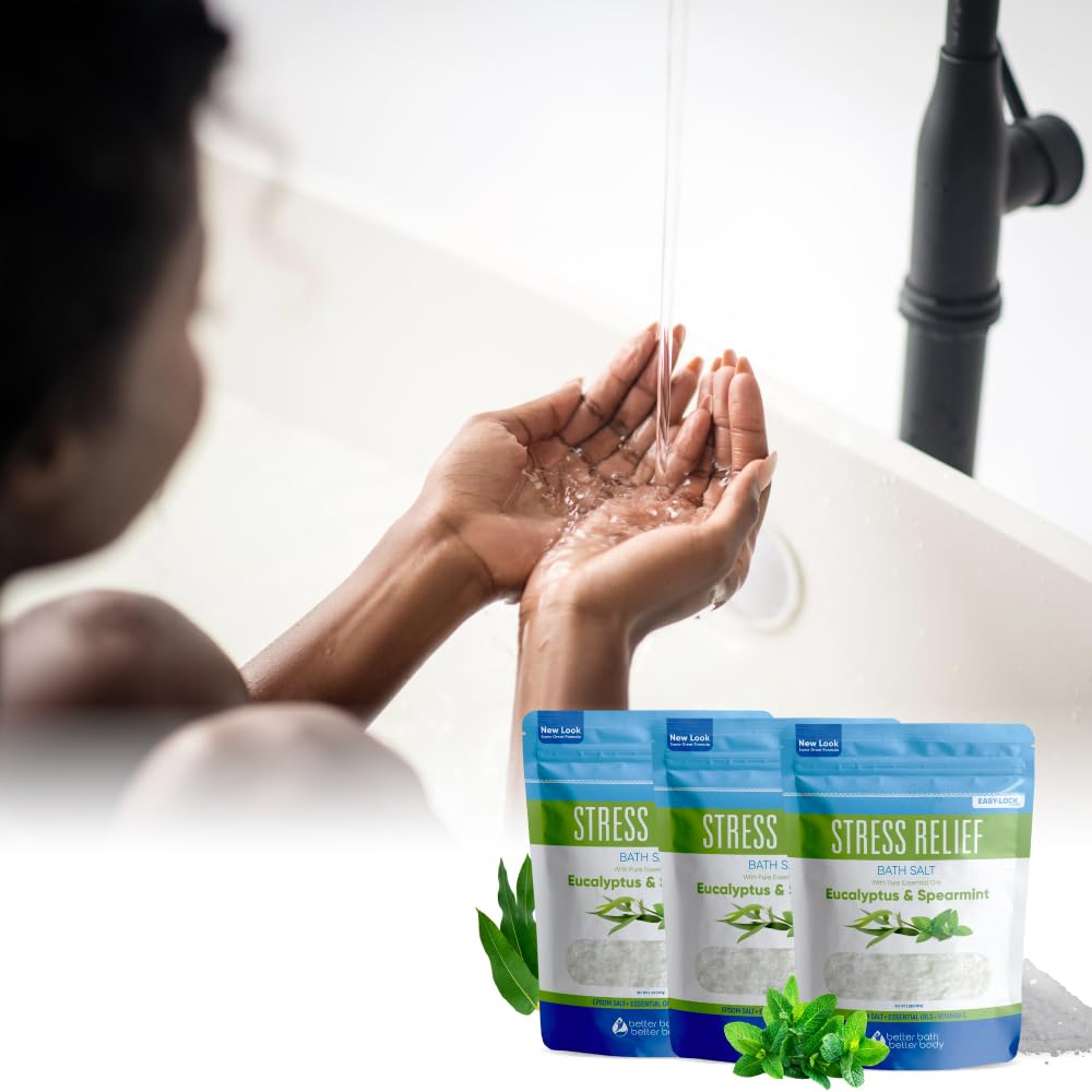 Stress Relief Bath Salt (3 Pack) Epsom Salt Relaxing Bath with Eucalyptus and Spearmint Essential Oils Plus Vitamin C Crystals in BPA Free Pouch Made in USA 2 lbs Pouches 6 Lbs Total