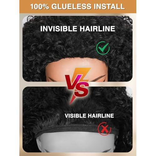 Kinky Curly Half Wig Human Hair 200% Density Wear Go Glueless Wigs Human Hair 3 In 1 Drawstring Seamless Flip Over Wig for Women Daily Wear Headband Wig Beginner Friendly Black (16inch)