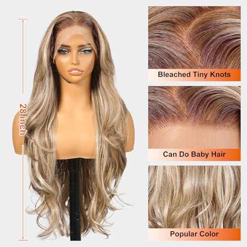 Ash Blonde Synthetic Lace Front Wig,13¡¿6 Blonde mix Brown HD Lace Glueless Wig for Women Daily Use 28IN£¨TT6/107£©