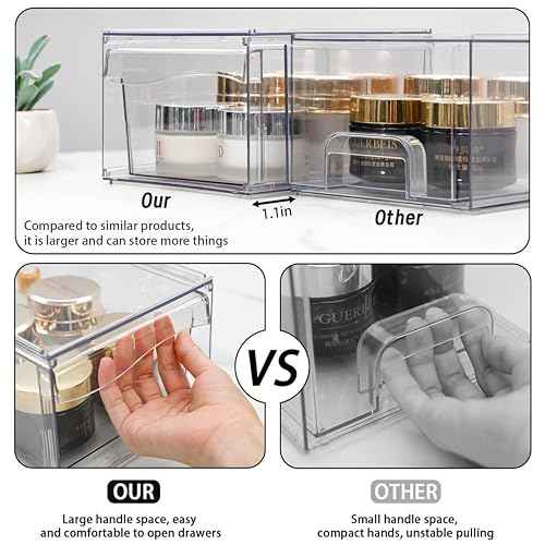 4 Pack Clear Stackable Storage Drawers,12"W Large Bathroom Makeup Organizer and Pen,Sunglass,Medicine,Baby Bottle Organizer,Plastic Pull Out Storage Bins for Desk,Under Cabinets,Vanity Countertop