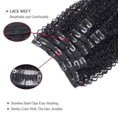 24 Inch Kinky Curly Clip ins Human Hair 110g 8pcs 20 Clips 3C 4A Curly Clip In Hair Extensions Real Human Hair Brazilian Virgin Hair Full Head for Women Natural Black