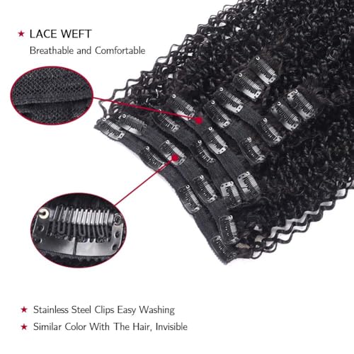 16 Inch Kinky Curly Clip ins Human Hair 110g 8pcs 20 Clips 3C 4A Curly Clip In Hair Extensions Real Human Hair Brazilian Virgin Hair Full Head for Women Natural Black