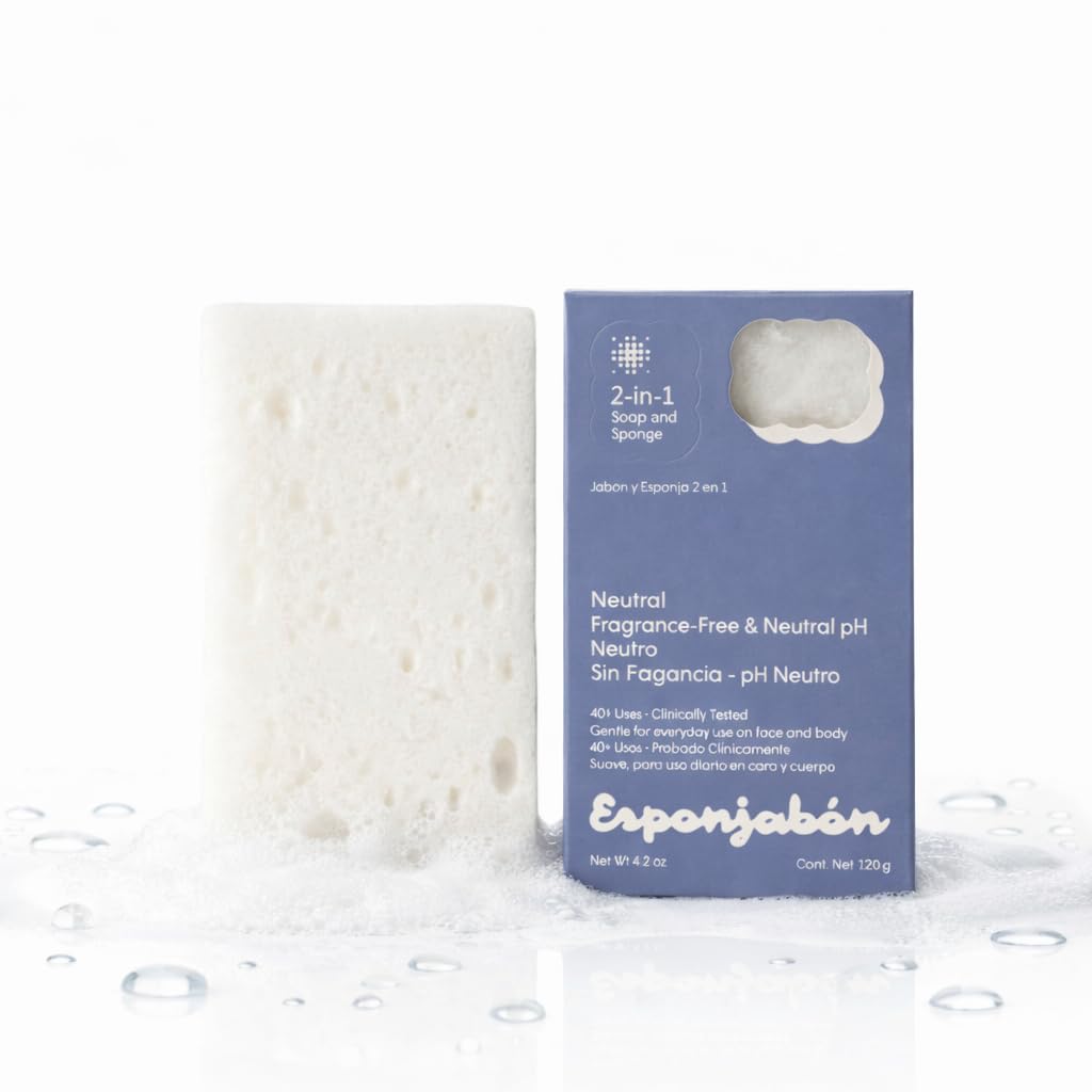 T.Taio Esponjabon Neutro 2-in-1 Soap and Sponge – Gentle Shower Scrubber – Soap-Infused Exfoliating Bath Sponge – Deep Cleansing, Soft Lather & Massage – for Face, Body, Feet & Elbows