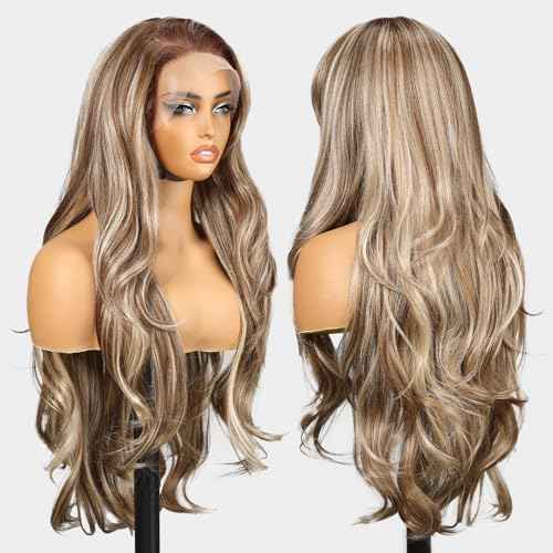 Ash Blonde Synthetic Lace Front Wig,13¡¿6 Blonde mix Brown HD Lace Glueless Wig for Women Daily Use 28IN£¨TT6/107£©