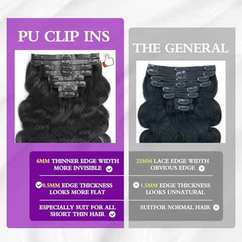 Seamless Body Wave Clip Ins Human Hair Extensions Invisible Weft Clip In Hair Extensions Real Human Hair 24Inch 8Pcs PU Clip ins Remy Hair for Women 18Clips 120g Natural Black