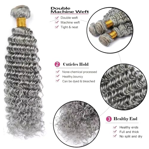 Grey Bundles Deep Wave Bundles Human Hair 24 26 28 Inch Unprocessed Brazilian Virgin Weave Hairs Gray 3 Bundle 50 Gram Per Bundle Human Hair Extensions