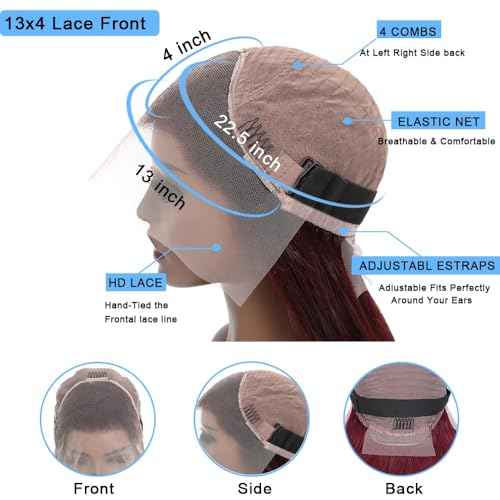99j Burgundy Lace Front Wigs Human Hair 13x4 Body Wave Lace Front Wigs Human Hair Pre Plucked Glueless Red Wig Wine Red Wig for Women 180% Density 26Inch