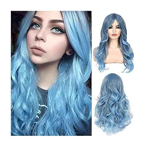 Blue Wig for Women Long Curly Wavy Pastel Blue Wig Side Part Synthetic Halloween Cosplay Wig with Wig Cap