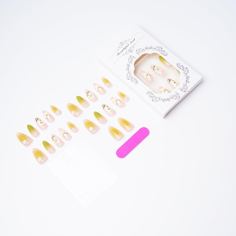 30Pcs Handmade Lily Press on Nails Green Gradient Almond Fake Nails with 3D Flower Accents Reusable Spring Summer Floral False Nails Kit for Women Manicure Nail Tips Decorations