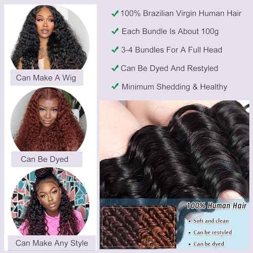 Deep Wave Human Hair Bundles, 13A Curly Bundles Human Hair, 22 24 26 Inch Wet and Wavy 100% Brazilian Virgin Quick Weave Deep Wave Bundle for Women, 300G (3 Bundles Natural Black)