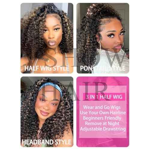V SHOW Wear Go Glueless Half Wig Human Hair 1B/30 Highlight Water Wave 3 In 1 Curly Half Wigs 180% Density Drawstring Seamless Fit Strap Flip Over Headband Wig 16 Inch Beginner Friendly