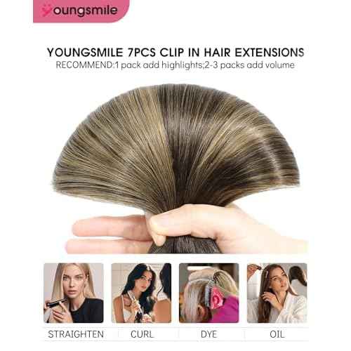 Youngsmile Human Hair Extensions Clip in Balayage Darkest Brown to Medium Brown Mixed Ash Brown Clip in Hair Extensions For Women Easy To Install Full Head 16inch 7Pcs 140g (7C#2/6/18-16Inch)
