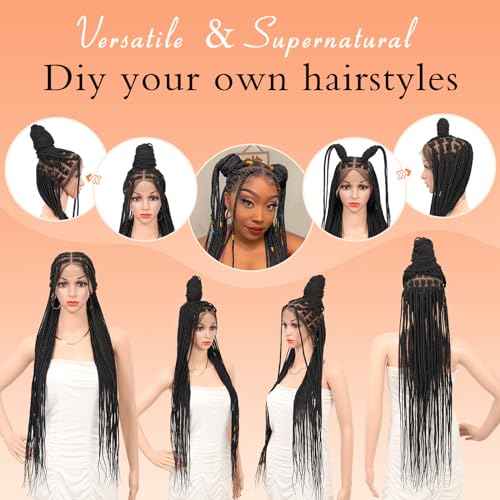 Brinbea Knotless Braided Wigs for Women Box Braid Wig Braided Lace Front Wigs 13X8 HD Lace Front Braided Wigs with Baby Hair Premium Synthetic Braid Wig Natural Long Black 36''