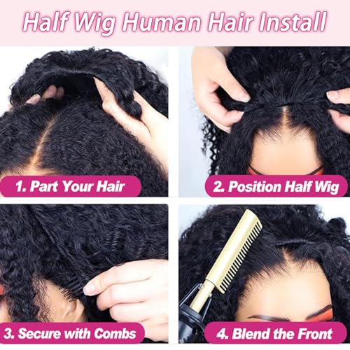 SENSAIRUITE Deep Wave Half Wig Human Hair Curly Half Wigs for Women - Upgrade Drawstring 3 in 1 Seamless Flip Over Glueless Wig 16-inch Natural Black